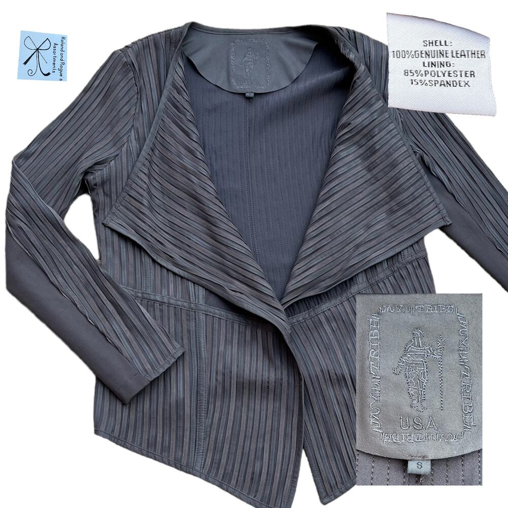 My Tribe Genuine Leather Stripes Cardigan Sz S